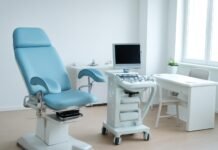 Σύγχρονο φωτεινό γυναικολογικό ιατρείο με ιατρικό εξοπλισμό και χώρο συμβουλευτικής