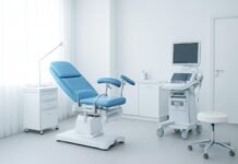 Σύγχρονο γυναικολογικό ιατρείο με φωτεινή και επαγγελματική ατμόσφαιρα, χωρίς ασθενείς