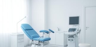 Σύγχρονο γυναικολογικό ιατρείο με φωτεινή και επαγγελματική ατμόσφαιρα, χωρίς ασθενείς