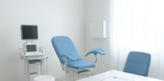 Σύγχρονο φωτεινό ιατρείο γυναικολογίας με ιατρικό εξοπλισμό και ημερολόγιο σε τραπέζιΔρ. Ιωάννης Δημητρακόπουλος • Μαιευτήρας - Χειρουργός Γυναικολόγος