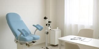 Σύγχρονο φωτεινό ιατρείο γυναικολογίας με ιατρικό εξοπλισμό και συμβουλευτικό χώρο σε φυσικό φωτισμό