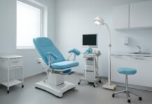 Σύγχρονο γυναικολογικό ιατρείο με ιατρικό εξοπλισμό και επαγγελματική ατμόσφαιρα, φωτεινό περιβάλλον χωρίς ασθενείς