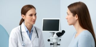 Ιατρός γυναικολόγος σε συζήτηση με γυναίκα ασθενή σε καλά φωτισμένο ιατρείο με οθόνη κολποσκόπησης