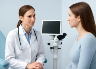 Εξατομικευμένη Προληπτική Φροντίδα HPV: Οδηγός για Γυναίκες στη Γλυφάδα Ιατρός γυναικολόγος σε συζήτηση με γυναίκα ασθενή σε καλά φωτισμένο ιατρείο με οθόνη κολποσκόπησης