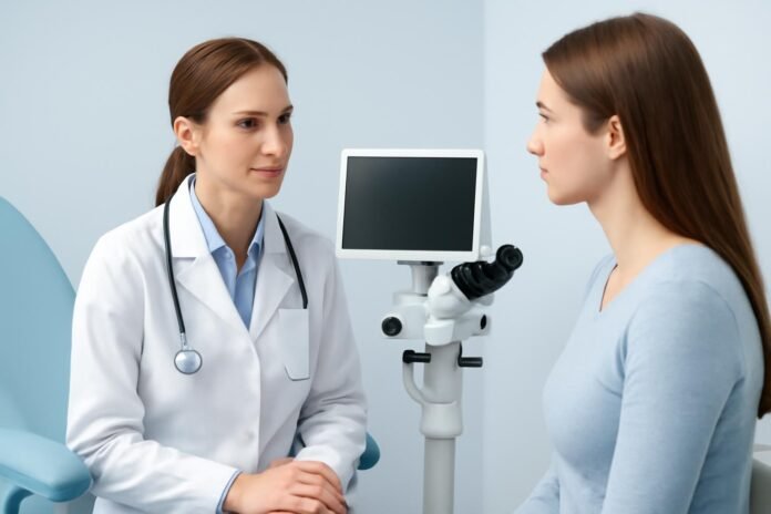 Εξατομικευμένη Προληπτική Φροντίδα HPV: Οδηγός για Γυναίκες στη Γλυφάδα Ιατρός γυναικολόγος σε συζήτηση με γυναίκα ασθενή σε καλά φωτισμένο ιατρείο με οθόνη κολποσκόπησης