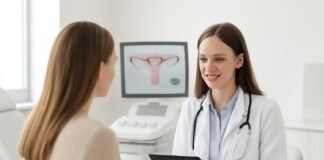 Εξατομικευμένη γυναικολογική αξιολόγηση σε σύγχρονο ιατρείο, φωτεινή και επαγγελματική ατμόσφαιρα