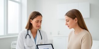 Σύγχρονο γυναικολογικό ιατρείο με γιατρό και ασθενή σε συμβουλευτική συνεδρίαση με tablet