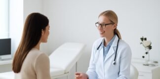Σύγχρονο γυναικολογικό ιατρείο με ιατρό και ασθενή σε συμβουλευτική συνεδρίαση σχετικά με υπογονιμότητα, χωρίς ανατομικές απεικονίσεις, φωτεινό και επαγγελματικό περιβάλλον