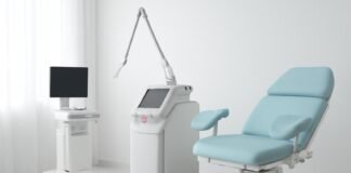 Ιατρείο γυναικολόγου με εξοπλισμό laser σε φωτεινό χώρο, χωρίς ασθενείς