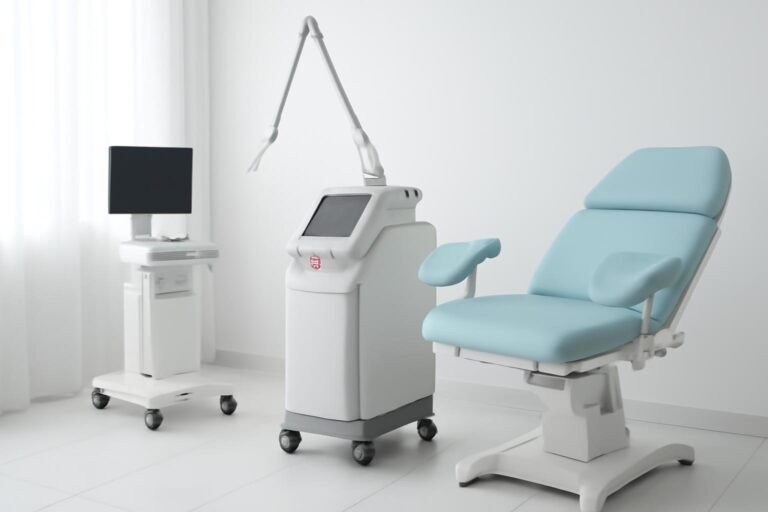 Ιατρείο γυναικολόγου με εξοπλισμό laser σε φωτεινό χώρο, χωρίς ασθενείς