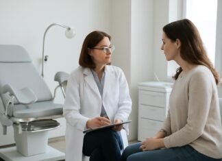 Εξειδικευμένη Αξιολόγηση και Παρακολούθηση Κονδυλωμάτων HPV στην Κλινική του Δρ. Δημητρακόπουλου Σύγχρονο γυναικολογικό ιατρείο με ιατρικό προσωπικό σε συζήτηση με ασθενή