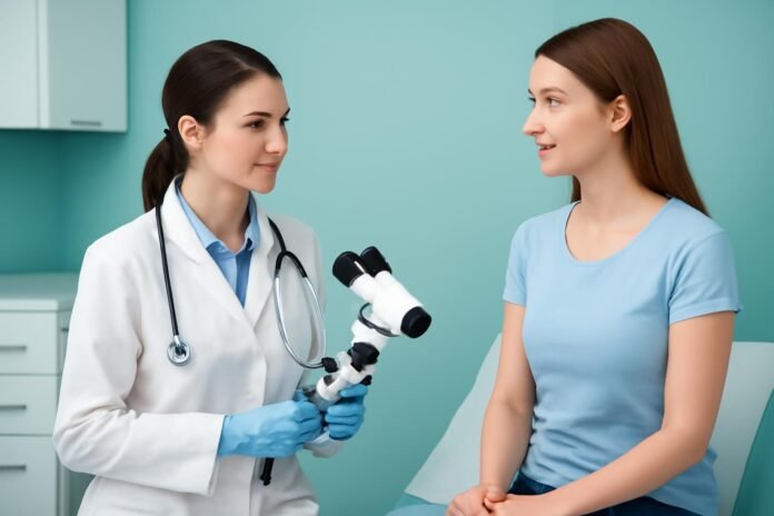 Γυναικολόγος παίρνει δείγμα για HPV σε σύγχρονο ιατρικό περιβάλλον στη Γλυφάδα