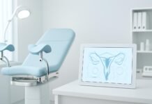 Σύγχρονο γυναικολογικό ιατρείο με ιατρικό εξοπλισμό και tablet με ιατρικά διαγράμματα