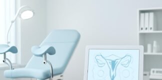 Σύγχρονο γυναικολογικό ιατρείο με ιατρικό εξοπλισμό και tablet με ιατρικά διαγράμματα