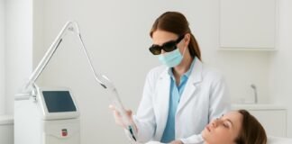 Σύγχρονο γυναικολογικό ιατρείο με ιατρό να πραγματοποιεί θεραπεία laser σε ασθενή