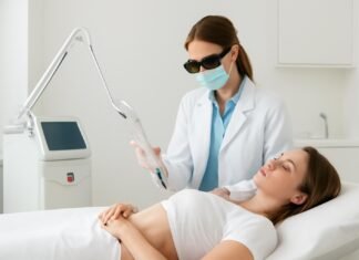 Εξειδικευμένη Διαχείριση Συμπτωματικών Κονδυλωμάτων HPV με Laser στην Κλινική του Δρ. Δημητρακόπουλου Σύγχρονο γυναικολογικό ιατρείο με ιατρό να πραγματοποιεί θεραπεία laser σε ασθενή