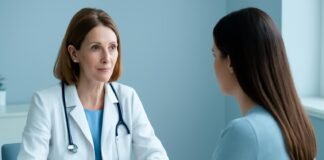 Γυναικολόγος συζητά με ασθενή σε ιατρείο με ιατρικό φάκελο και ημερολόγιο στο τραπέζι