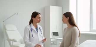 Σύγχρονο γυναικολογικό ιατρείο με γιατρό σε συζήτηση με ασθενή