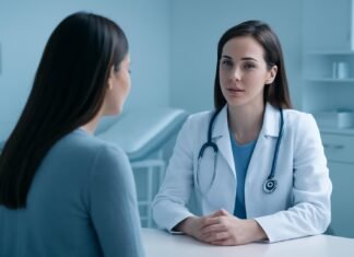 Εξειδικευμένη Θεραπεία Κονδυλωμάτων HPV με Laser: Ασφαλής και Αποτελεσματική Μέθοδος στη Γλυφάδα Δρ Δημητρακόπουλος σε ιατρική συζήτηση με ασθενή σε γυναικολογικό ιατρείο στη Γλυφάδα