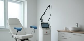 Σύγχρονο γυναικολογικό ιατρείο με εξειδικευμένο εξοπλισμό laser για θεραπεία κονδυλωμάτων HPV