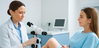 Ιατρός και ασθενής σε εξέταση κολποσκόπησης στο ιατρείο με ιατρικό εξοπλισμό