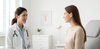 Εξέταση γυναίκας από γυναικολόγο σε σύγχρονο ιατρείο με φυσικό φωτισμό, αντιπροσωπευτική εικόνα γυναικολογικής φροντίδας