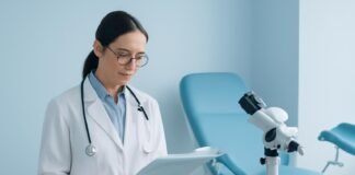 Ιατρός γυναικολόγος σε ιατρείο εξετάζει ιατρικά αρχεία με οθόνη κολποσκόπησης