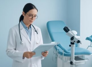 Εξειδικευμένη Παρακολούθηση και Θεραπεία Κονδυλωμάτων HPV στη Γλυφάδα Ιατρός γυναικολόγος σε ιατρείο εξετάζει ιατρικά αρχεία με οθόνη κολποσκόπησης