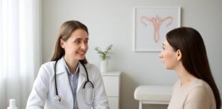 Σύγχρονο γυναικολογικό ιατρείο με γιατρό και γυναίκα ασθενή σε συζήτηση