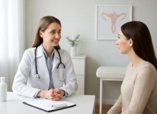 Εξειδικευμένη Συμβουλευτική και Καθοδήγηση στον Έλεγχο και Θεραπεία Κονδυλωμάτων HPV Σύγχρονο γυναικολογικό ιατρείο με γιατρό και γυναίκα ασθενή σε συζήτηση