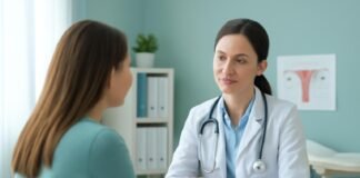 Ιατρική συζήτηση γυναικολόγου με ασθενή σε φωτεινό και καθαρό ιατρείο