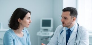 Γυναίκα σε ιατρικό χώρο συνομιλεί με γυναικολόγο για HPV και κονδυλώματα