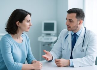 Εξειδικευμένη Συνεδρία Εκπαίδευσης και Υποστήριξης για HPV και Κονδυλώματα στη Γλυφάδα Γυναίκα σε ιατρικό χώρο συνομιλεί με γυναικολόγο για HPV και κονδυλώματα