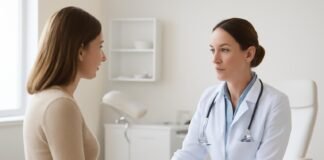 Σύγχρονο γυναικολογικό ιατρείο με ιατρό σε εξέταση ασθενούς, επαγγελματικό περιβάλλον στη Γλυφάδα.