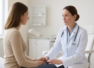 Σύγχρονο γυναικολογικό ιατρείο με ιατρό σε εξέταση ασθενούς, επαγγελματικό περιβάλλον στη Γλυφάδα.
