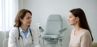 σύγχρονο γυναικολογικό ιατρείο με ιατρό και ασθενή σε διαγνωστική συνεδρία