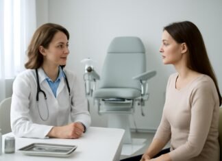 Εξειδικευμένη Υπηρεσία Κατευθυνόμενης Βιοψίας για Αξιολόγηση Κονδυλωμάτων HPV σύγχρονο γυναικολογικό ιατρείο με ιατρό και ασθενή σε διαγνωστική συνεδρία