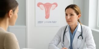Ιατρική εικόνα με εξοπλισμό γυναικολογικής εξέτασης και χαρτογράφηση HPV κονδυλωμάτων με καθαρή και επαγγελματική ατμόσφαιρα, χωρίς αφαίρεση ευαίσθητων ανατομικών στοιχείων, αντιπροσωπευτική της εξειδικευμένης γυναικολογικής αξιολόγησης