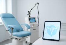 Σύγχρονο γυναικολογικό ιατρείο με ιατρικό laser και tablet με αφηρημένο ιατρικό διάγραμμα.