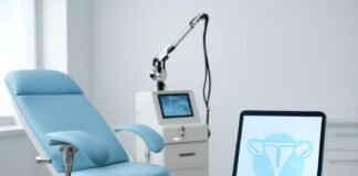 Σύγχρονο γυναικολογικό ιατρείο με ιατρικό laser και tablet με αφηρημένο ιατρικό διάγραμμα.