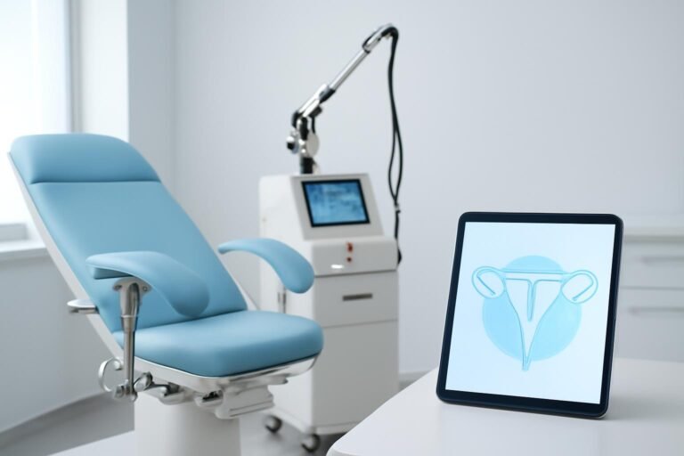 Σύγχρονο γυναικολογικό ιατρείο με ιατρικό laser και tablet με αφηρημένο ιατρικό διάγραμμα.