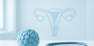 Ιατρικό αφηρημένο εξώφυλλο με στοιχεία ιού HPV και δερματολογική αισθητική