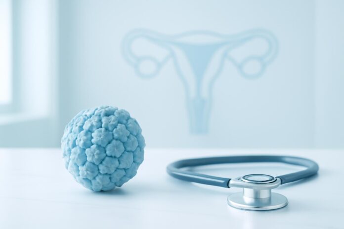 Ιατρικό αφηρημένο εξώφυλλο με στοιχεία ιού HPV και δερματολογική αισθητική