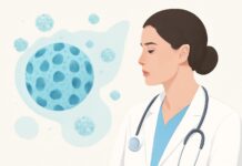 Η Αξία του Εξατομικευμένου Εμβολιασμού HPV σε Ενήλικες: Πότε και Γιατί να Εμβολιαστείτε Abstract medical illustration representing HPV virus with dermatological and gynecological elements in a bright clinical setting