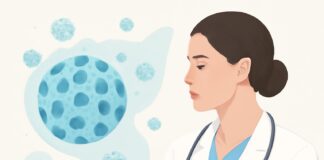 Abstract medical illustration representing HPV virus with dermatological and gynecological elements in a bright clinical setting