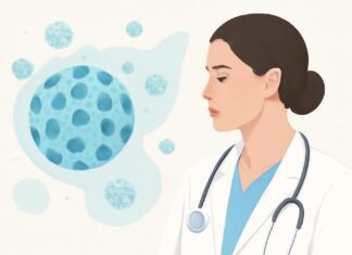 Η Αξία του Εξατομικευμένου Εμβολιασμού HPV σε Ενήλικες: Πότε και Γιατί να Εμβολιαστείτε Abstract medical illustration representing HPV virus with dermatological and gynecological elements in a bright clinical setting