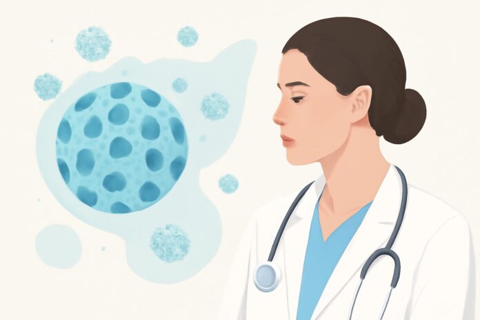 Η Αξία του Εξατομικευμένου Εμβολιασμού HPV σε Ενήλικες: Πότε και Γιατί να Εμβολιαστείτε Abstract medical illustration representing HPV virus with dermatological and gynecological elements in a bright clinical setting