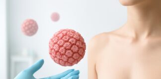 Ιατρικό εξώφυλλο με αφηρημένα στοιχεία ιού HPV και δερματολογική αισθητική σε φωτεινό ιατρικό περιβάλλον