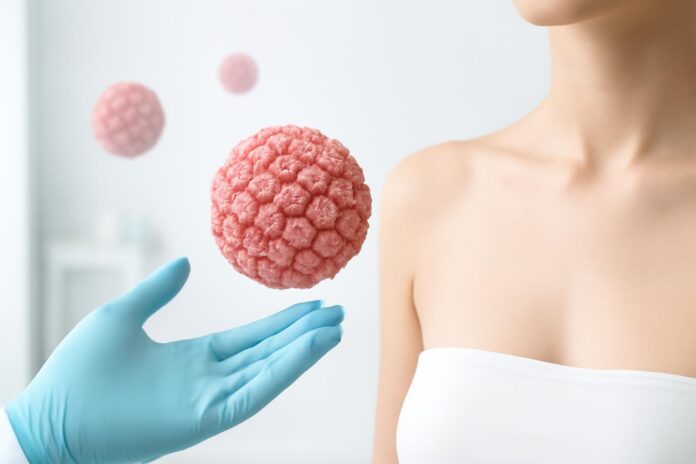 Ιατρικό εξώφυλλο με αφηρημένα στοιχεία ιού HPV και δερματολογική αισθητική σε φωτεινό ιατρικό περιβάλλον