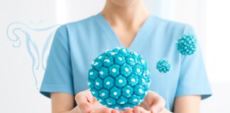 Ιατρική απεικόνιση HPV ιού με αφηρημένα στοιχεία, καθαρό και σύγχρονο ιατρικό περιβάλλον